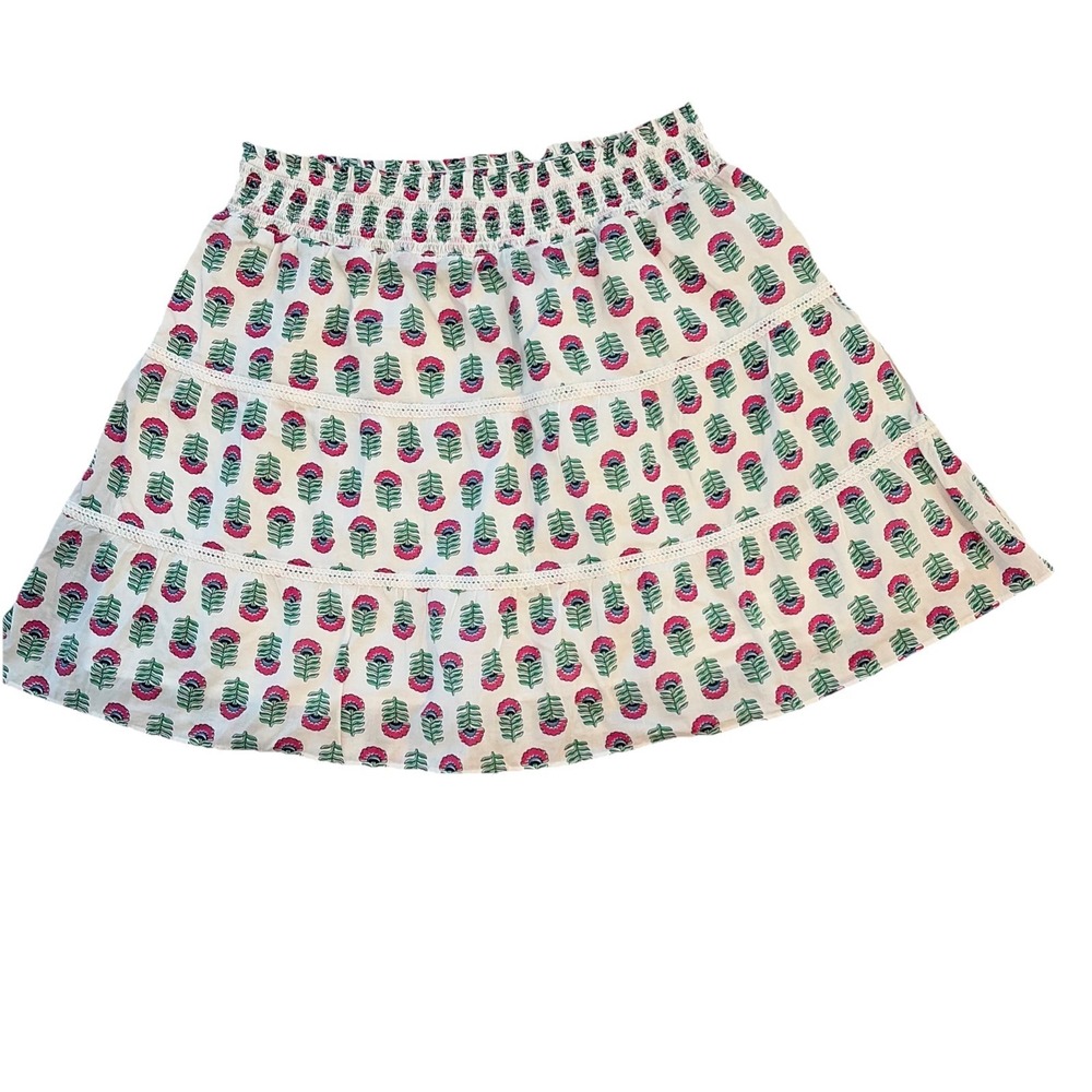 J.Crew Tiered Mini Skirt Womens L White Pink Block Print Cotton Smocked Waist